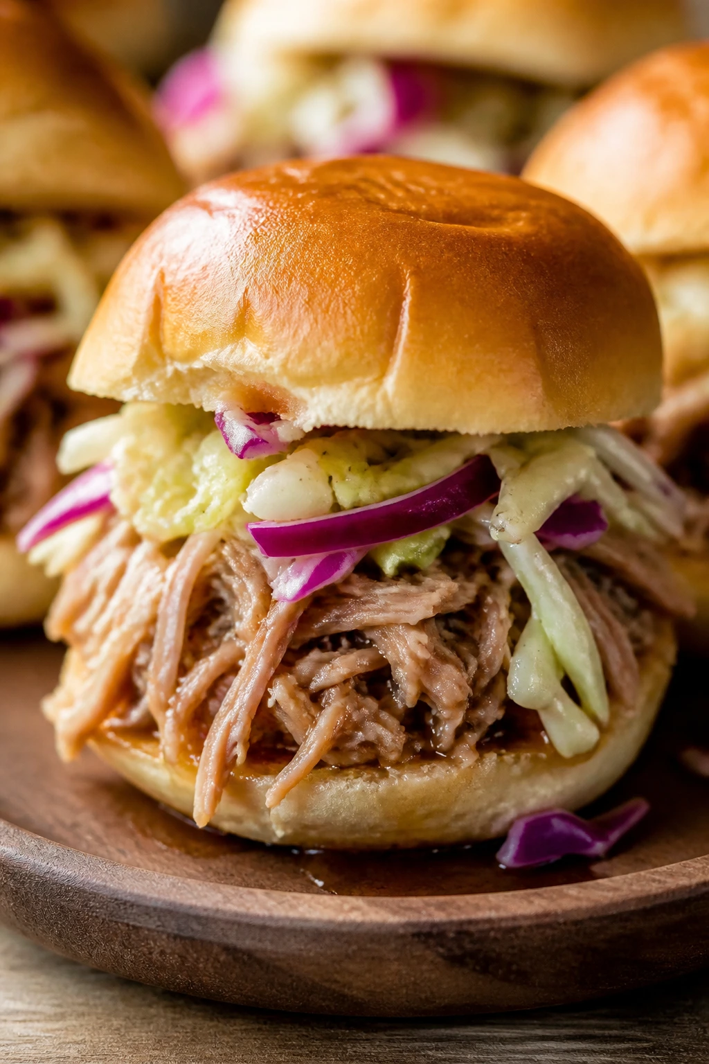 Carolina vinegar pork sliders with shredded pork and slaw on a bun