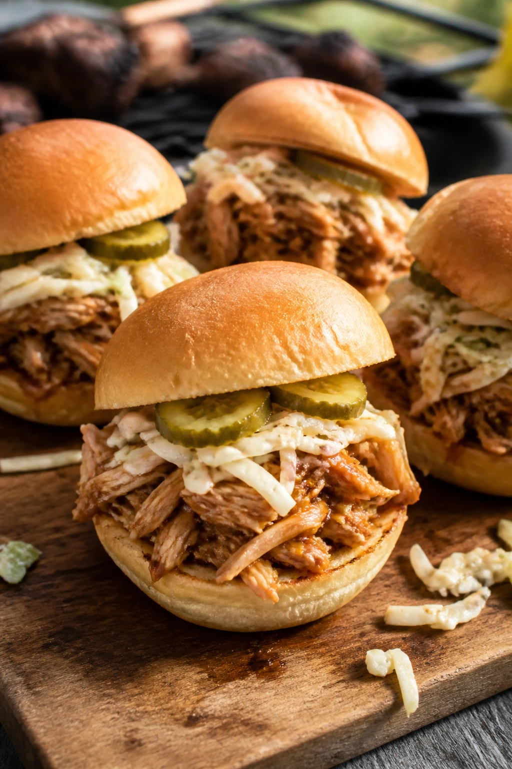 Vinegar-based chicken slider with slaw and pickles on bun