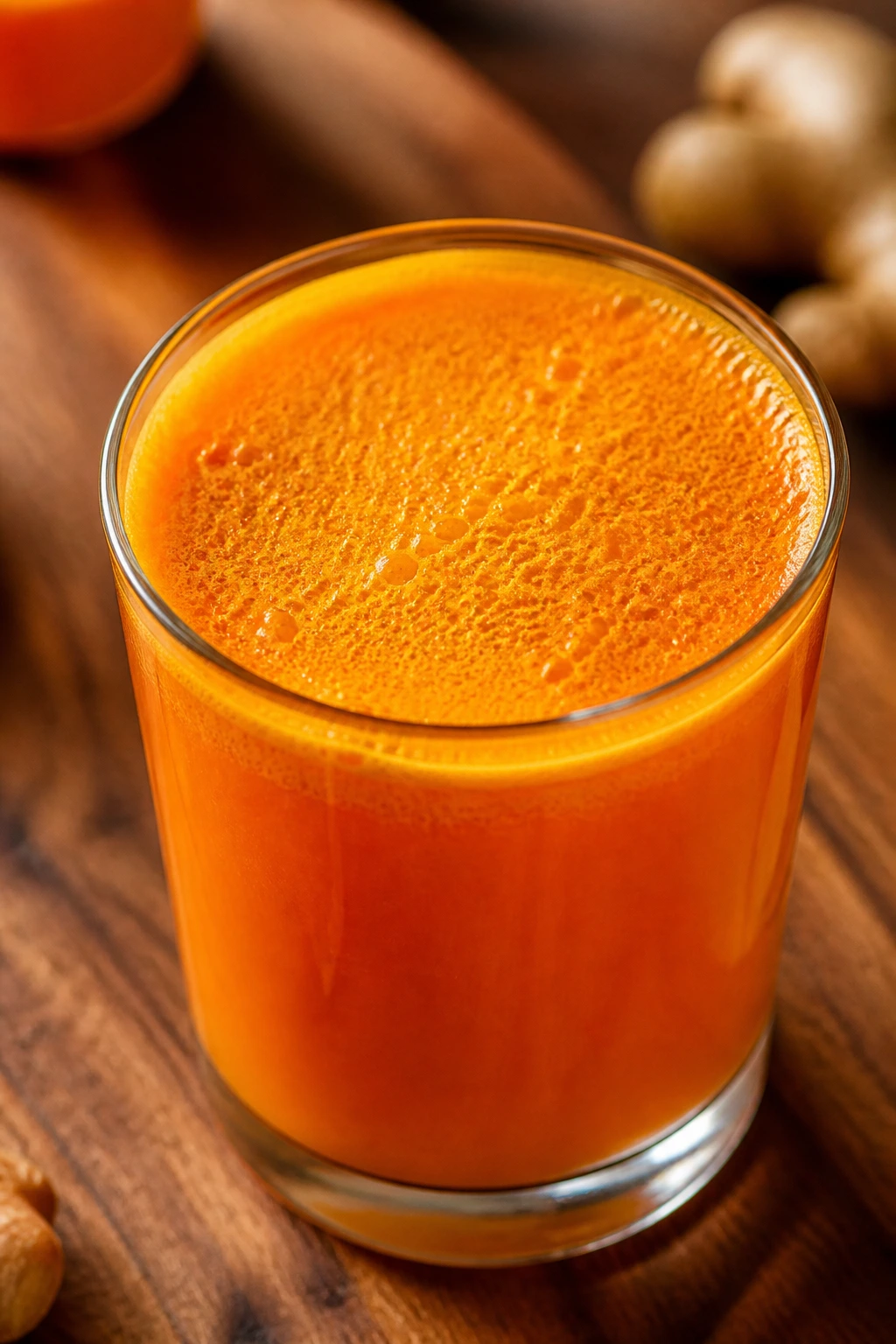 Close-up of a glass of Carrot Apple Turmeric Juice on a wooden counter