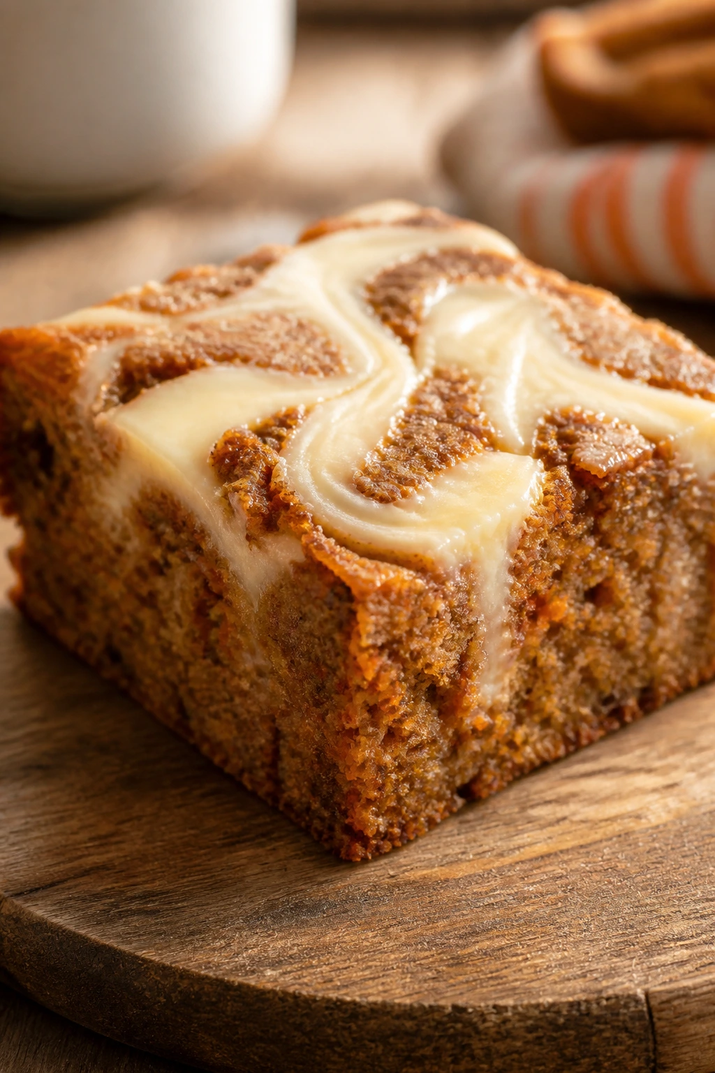 Carrot cake bar with cream cheese swirl on wooden board