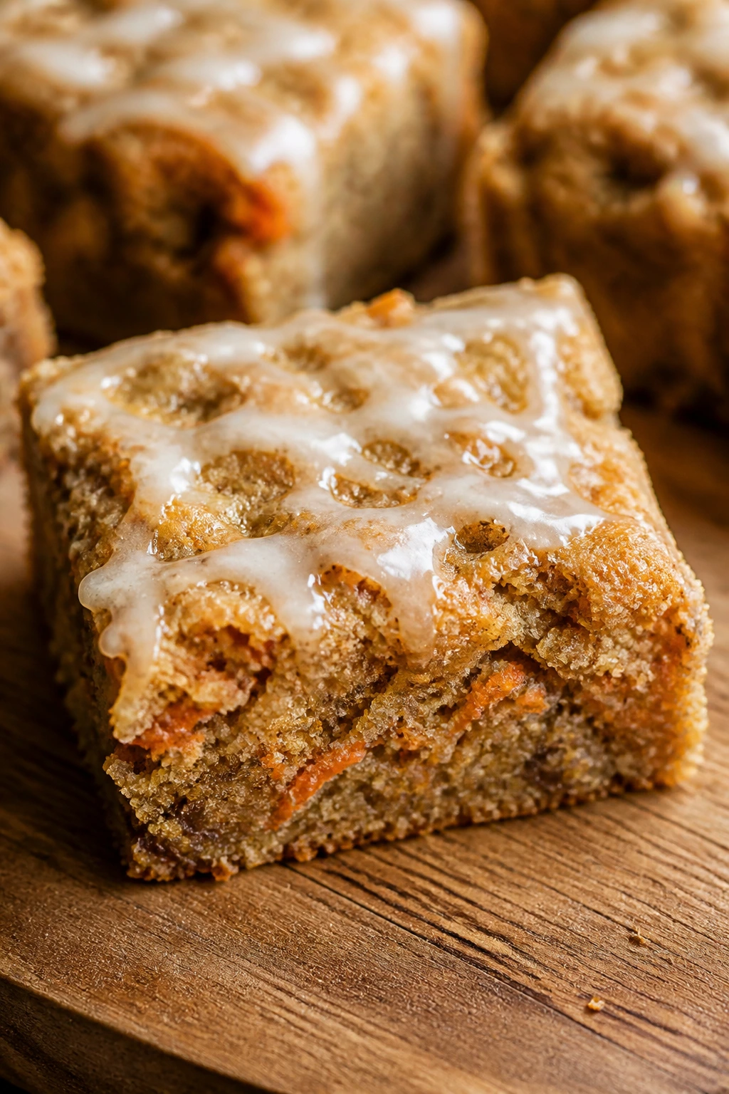 Close-up of carrot cake blondie square with orange flecks on wooden board