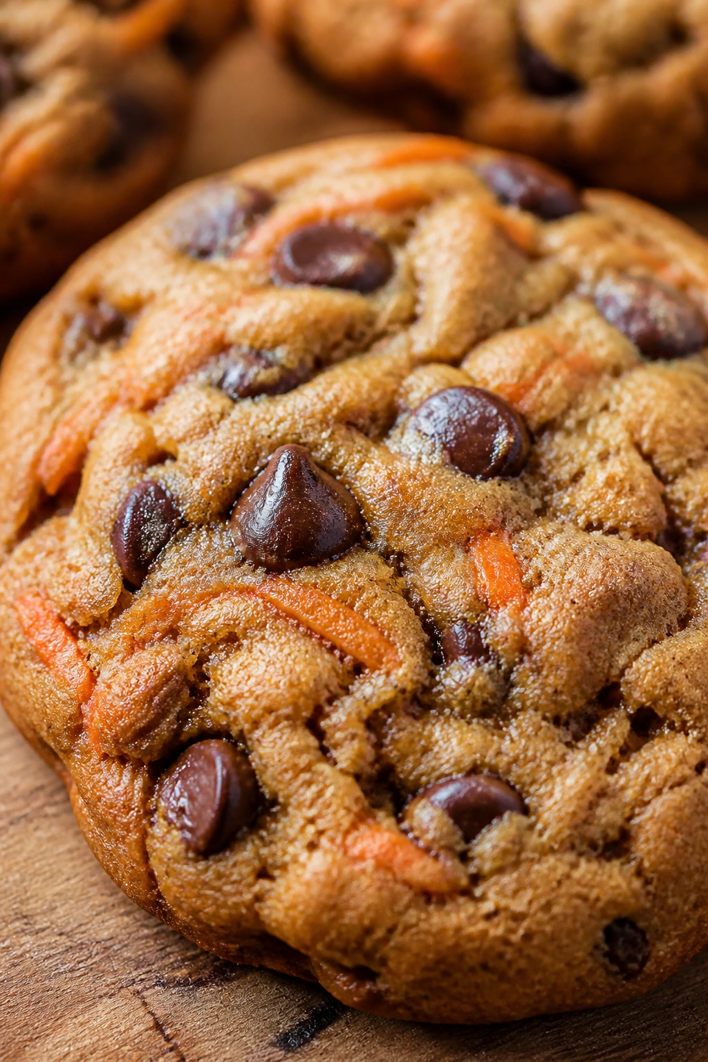 Close-up of Chocolate Chip Carrot Cake Cookie with chocolate chips and carrot flecks on a wooden surface