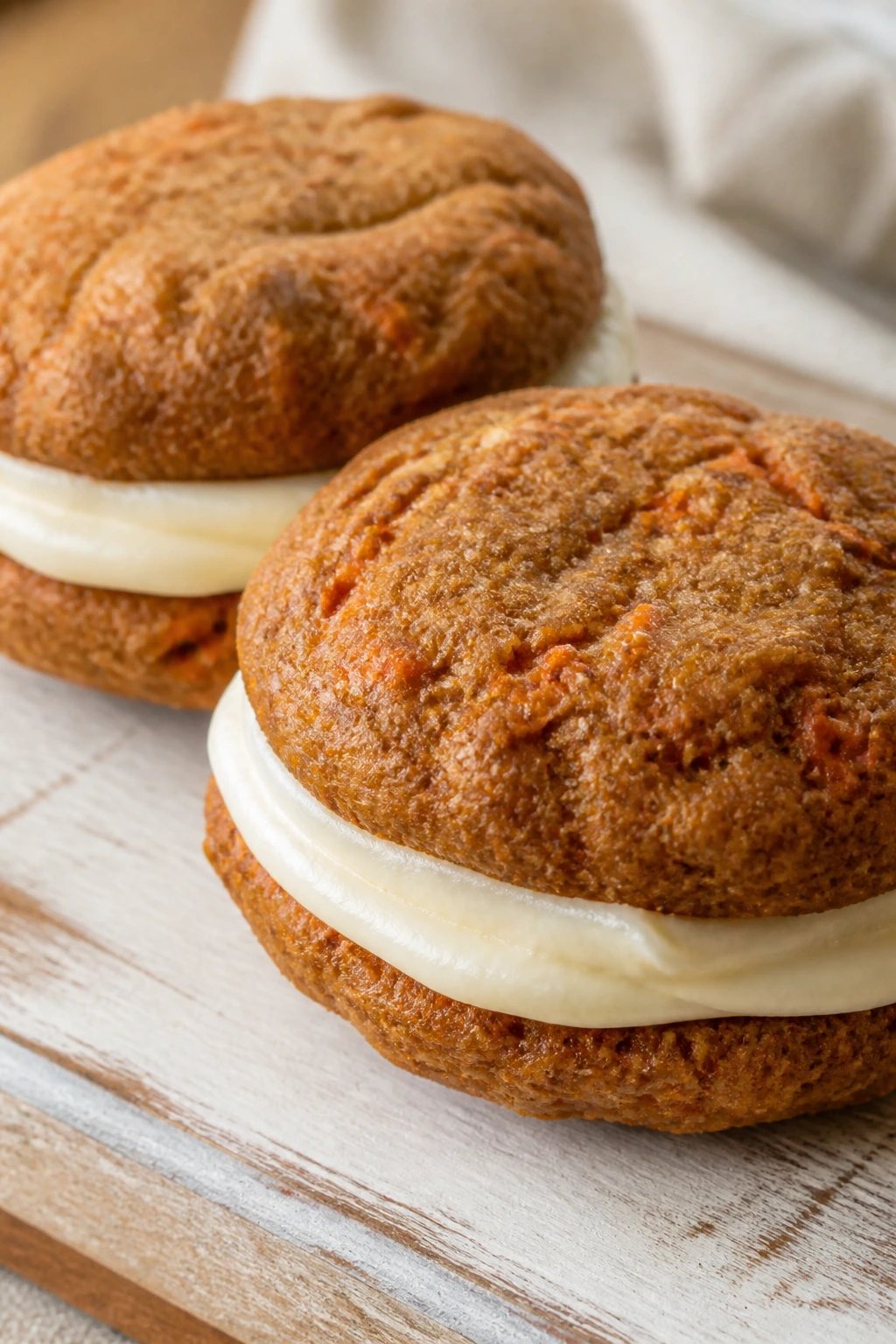 Close-up of carrot cake sandwich cookies with cream cheese filling