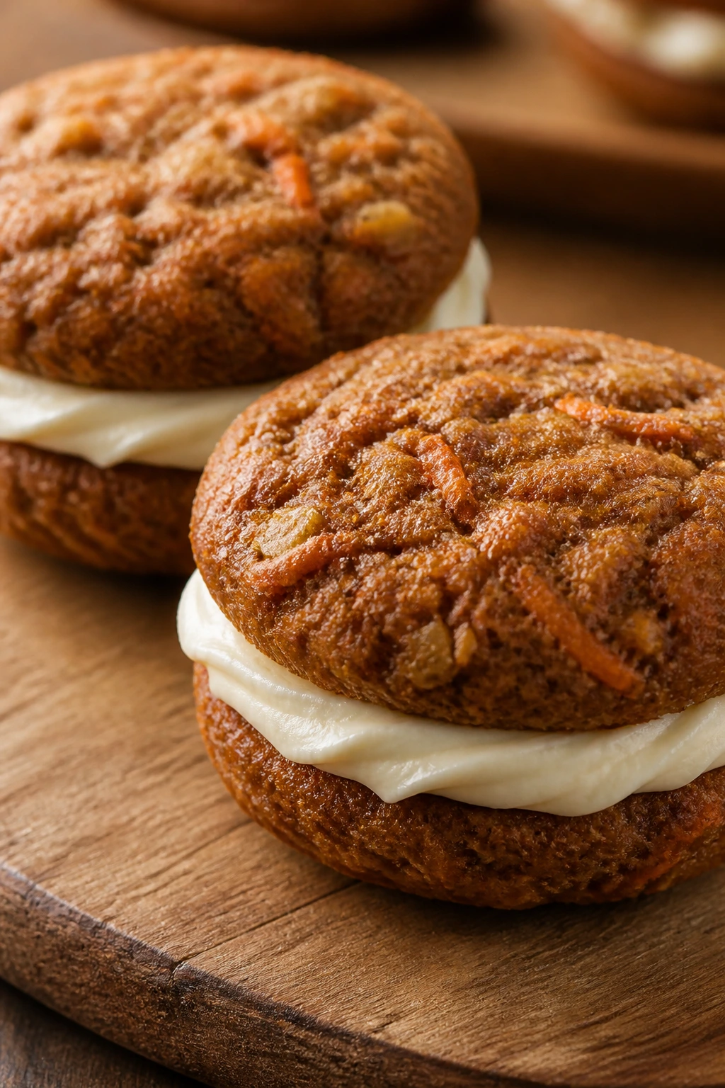 Two carrot cake cookies with cream cheese filling on a wooden board.