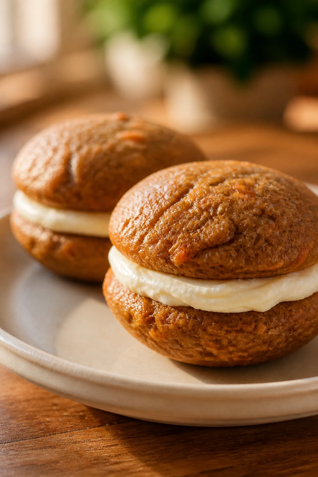 Two carrot cake whoopie cookies with cream cheese filling visible