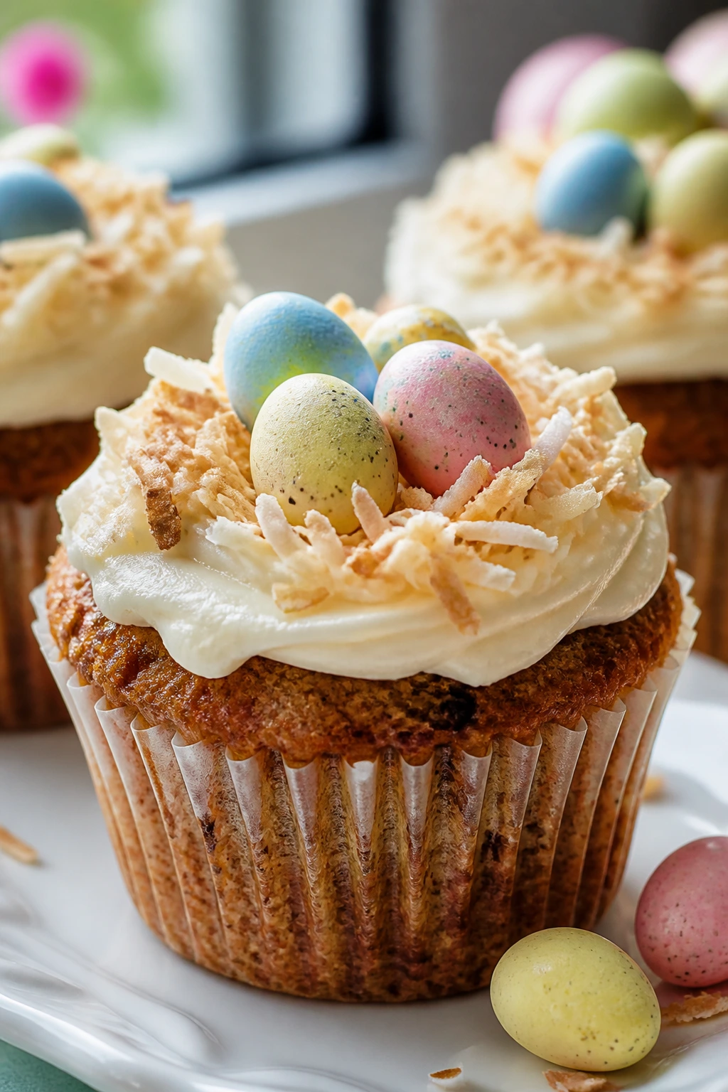 Cupcake with carrot cake crumb, cream cheese frosting, and a coconut candy nest with candy eggs