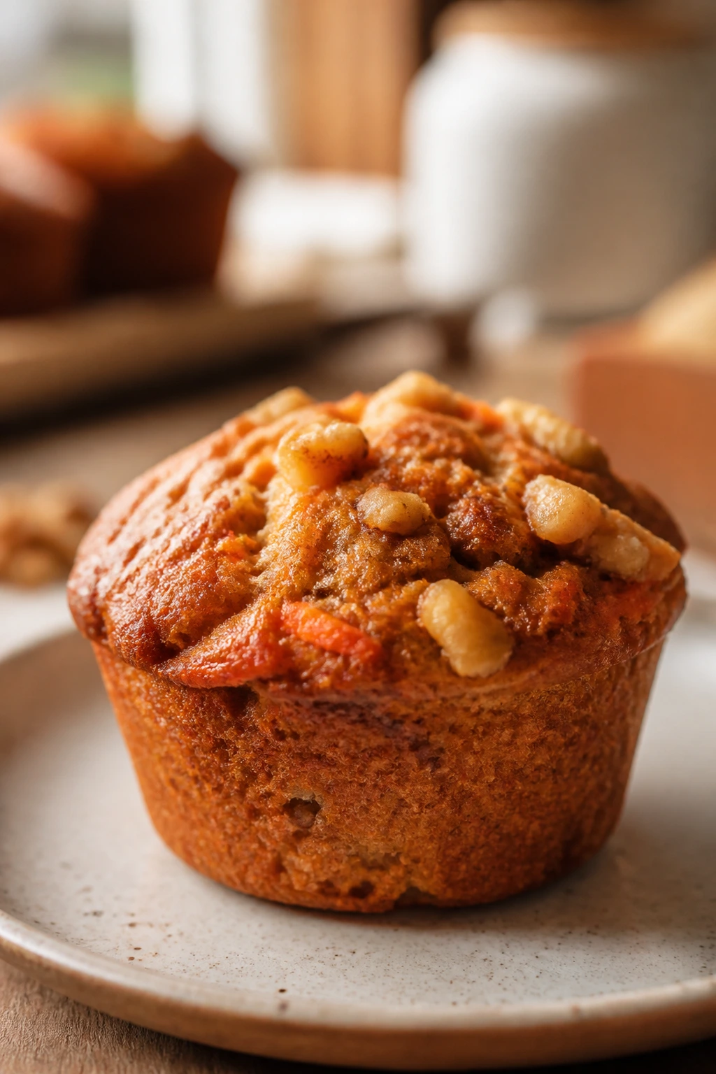 Carrot cake muffin with visible carrot and walnuts