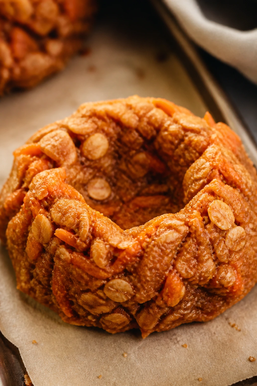 Close-up of a carrot cake-style nest cookie with carrot flecks and oats