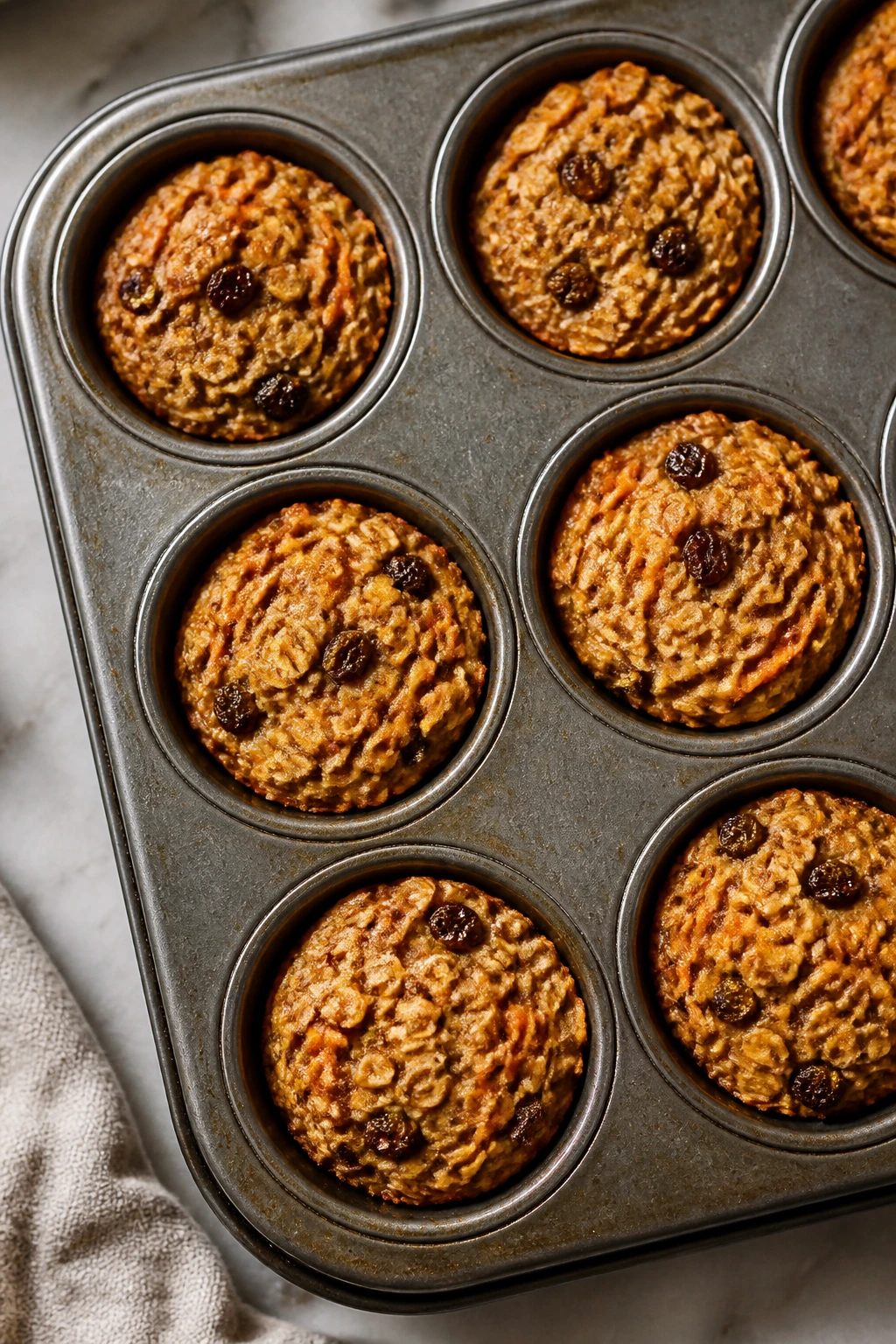 Top-down view of carrot cake oatmeal cups in muffin tin