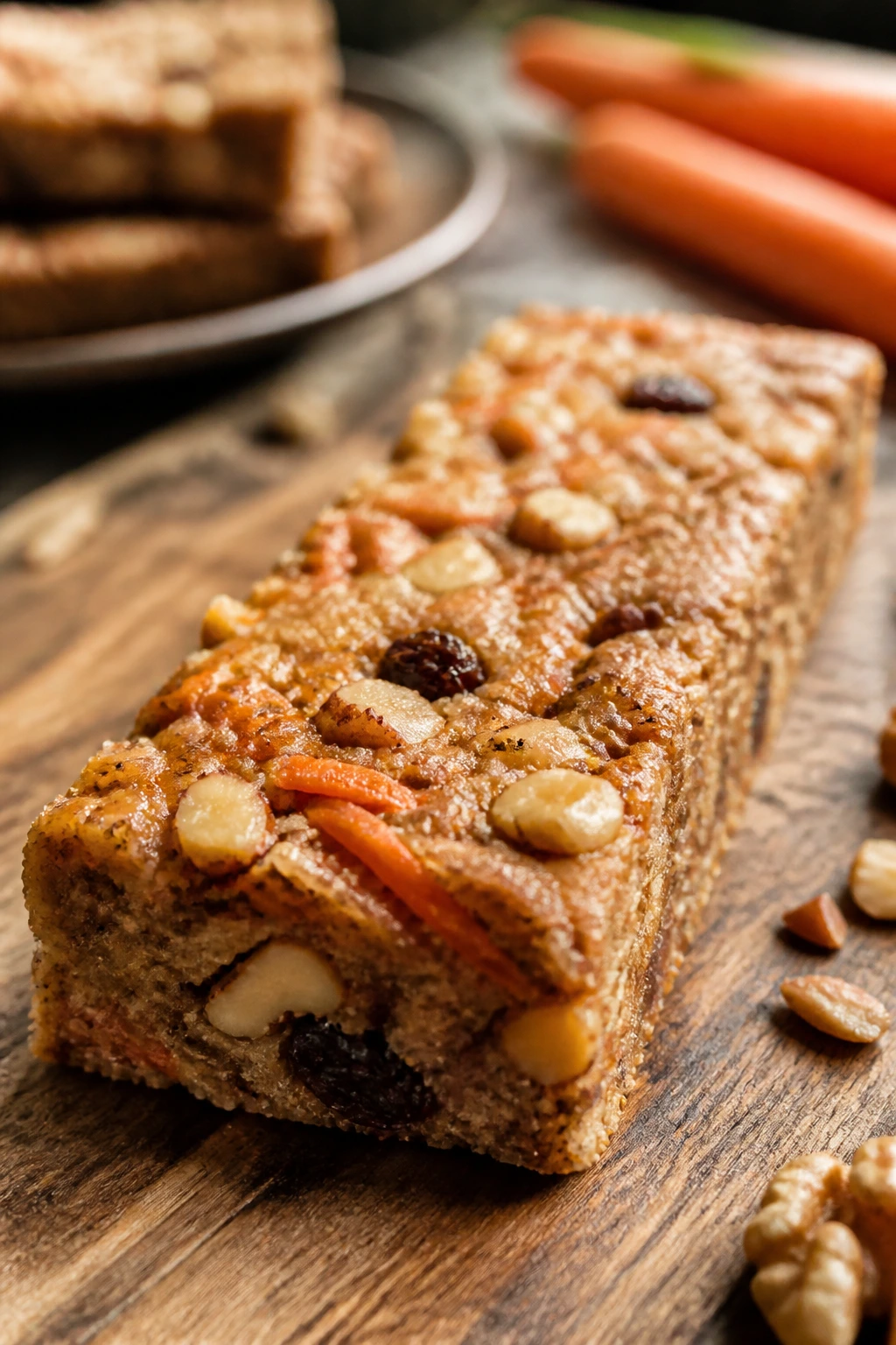 Close-up of carrot cake protein bar with carrot shreds and walnuts on wooden board in warm kitchen light