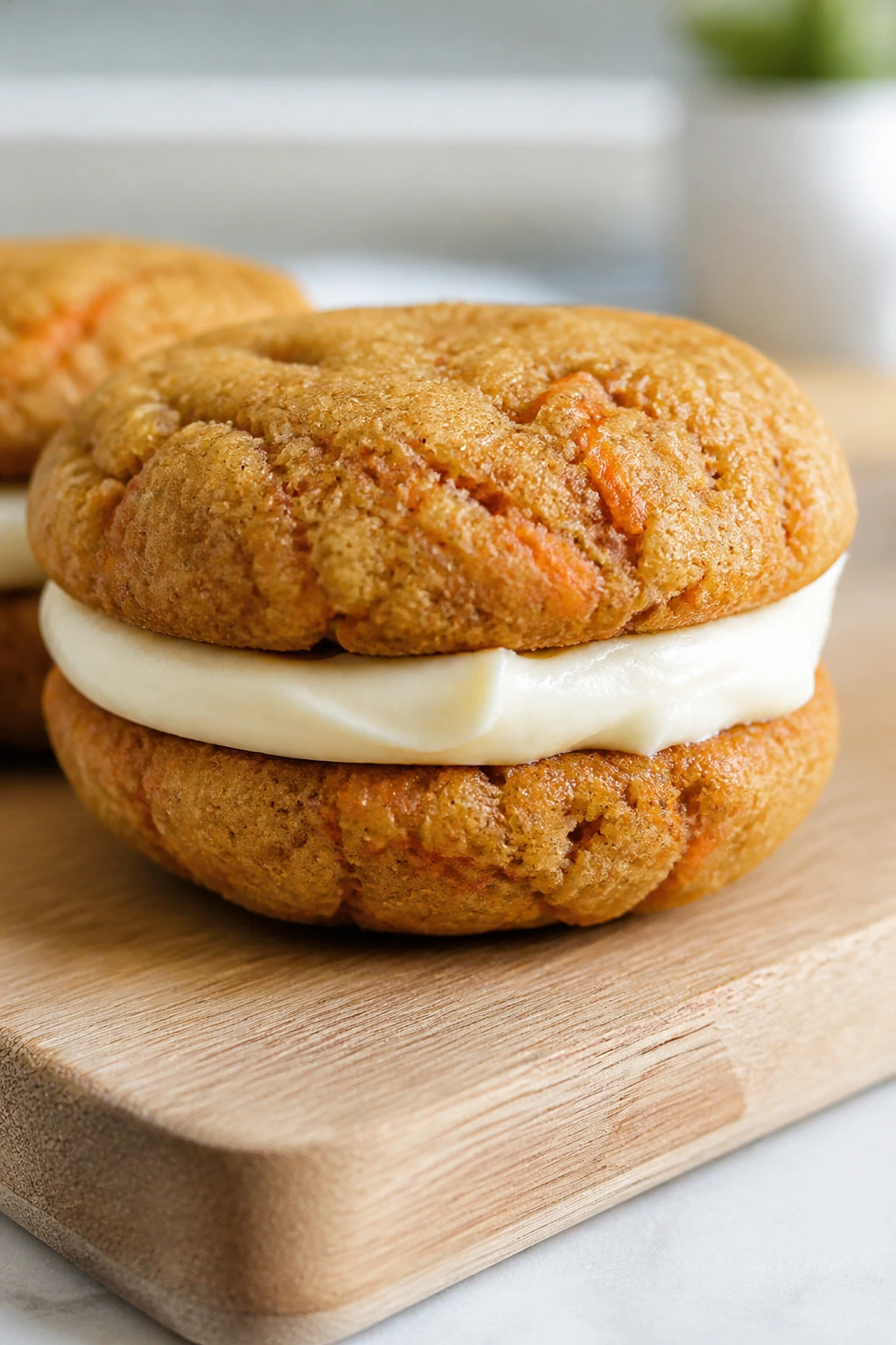 Close-up of a carrot cake sandwich cookie with visible cream cheese filling.