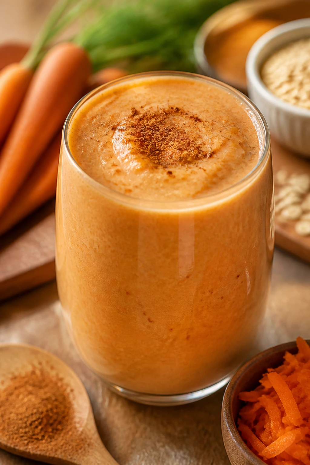 Close-up of Carrot Cake Smoothie in a glass with cinnamon dusting