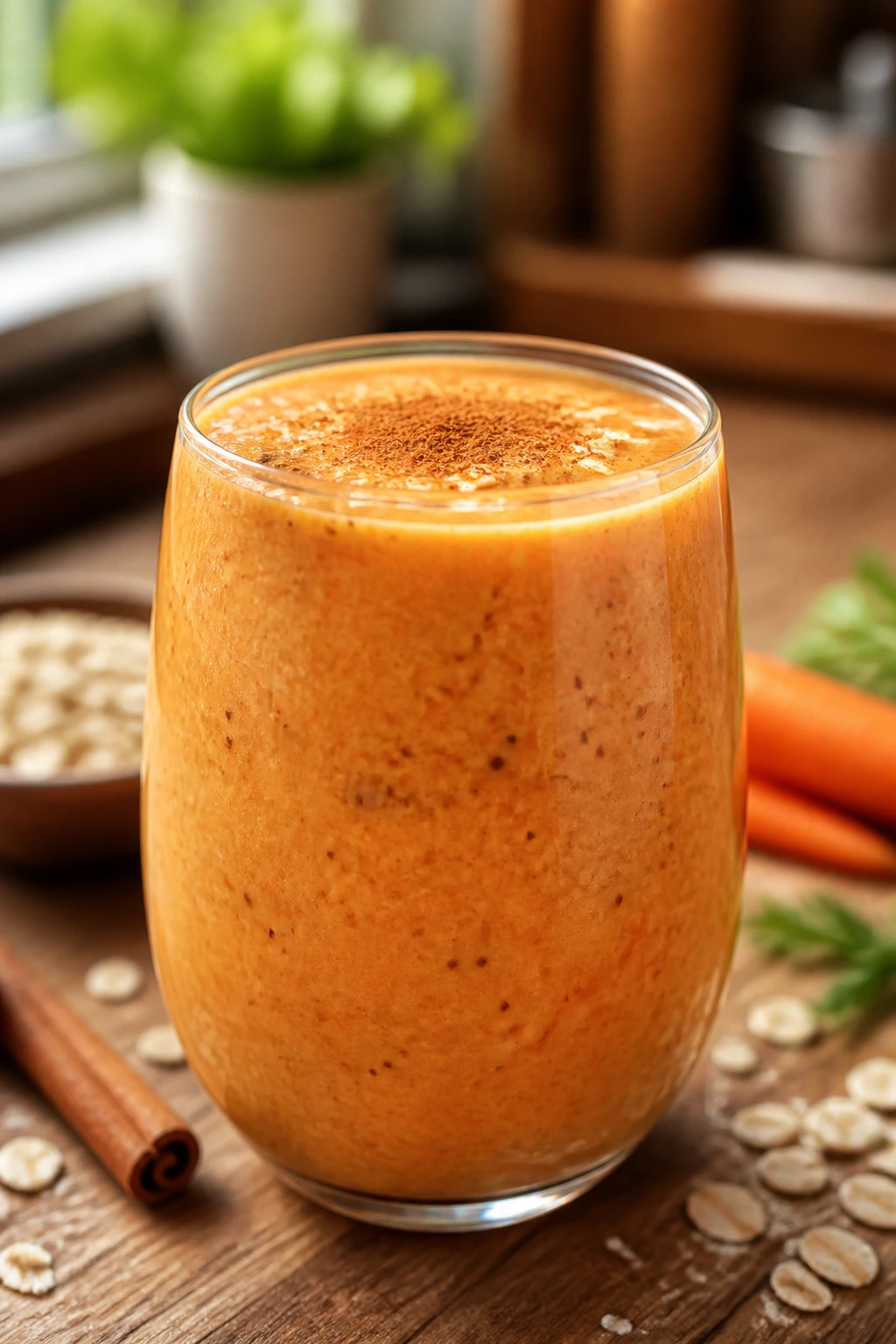 Creamy carrot cake smoothie in a glass with oats and cinnamon backdrop