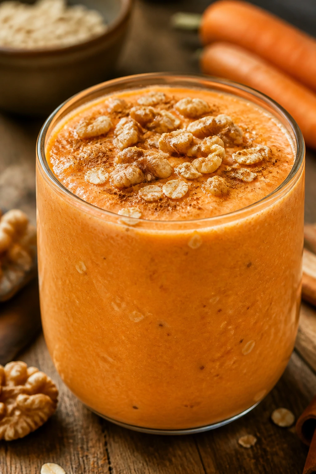 Close-up of carrot cake smoothie in a glass with walnut topping