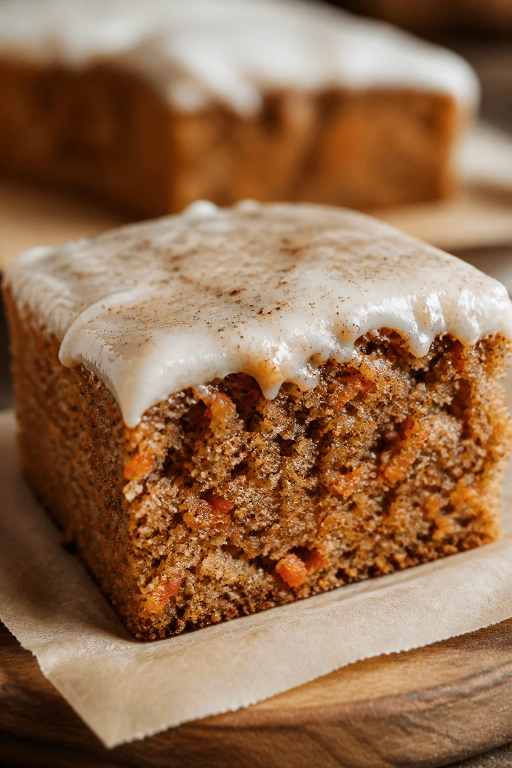 Close-up of Carrot Cake Snack Cake on wooden board with cream cheese glaze