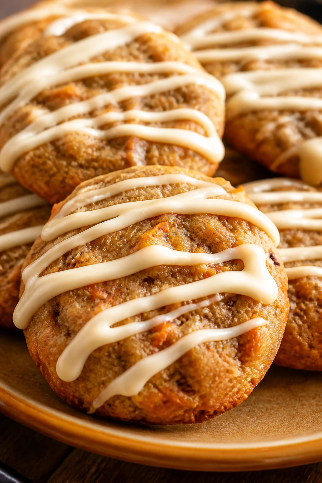 Carrot cake cookies with cream cheese drizzle on plate
