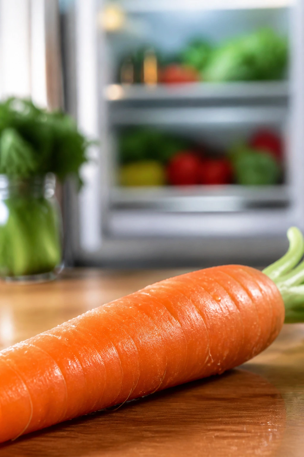 Crisp carrot on a kitchen counter with blurred fridge in the background