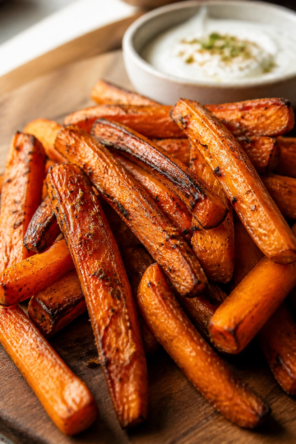 Close-up of carrot fries with cumin, served near a yogurt dip