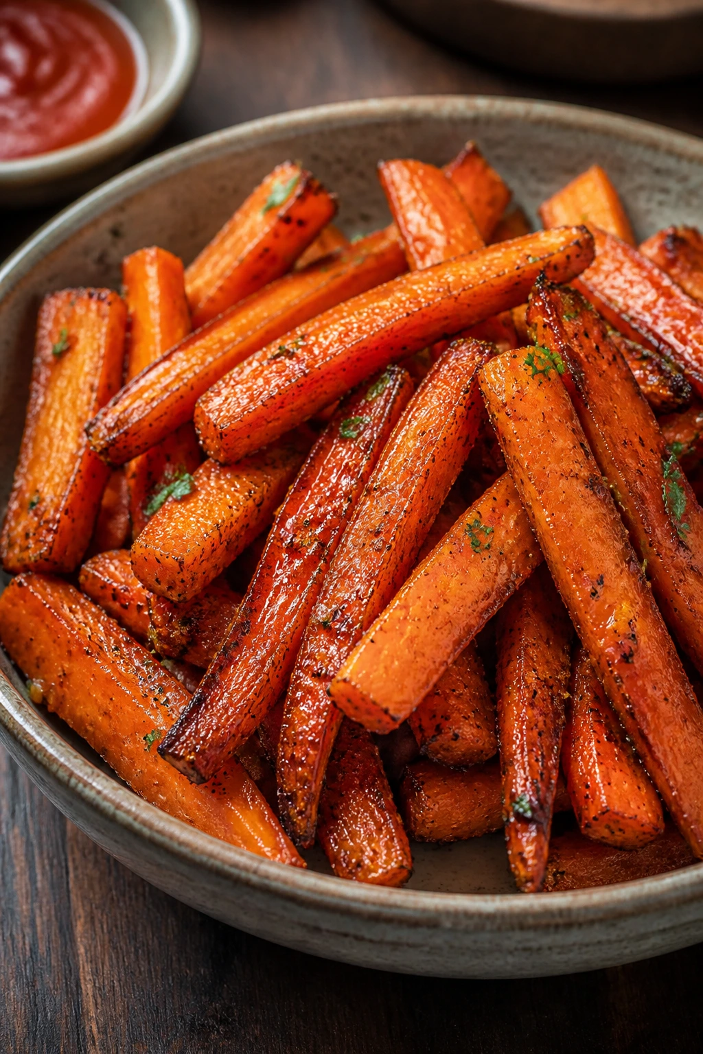 Close-up of carrot fries with harissa honey glaze on a rustic wooden surface