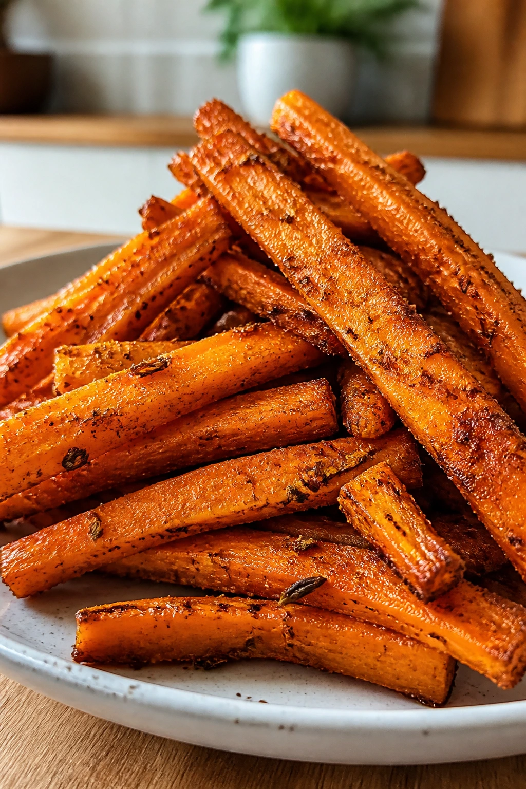 Close-up of smoky carrot fries on a plate