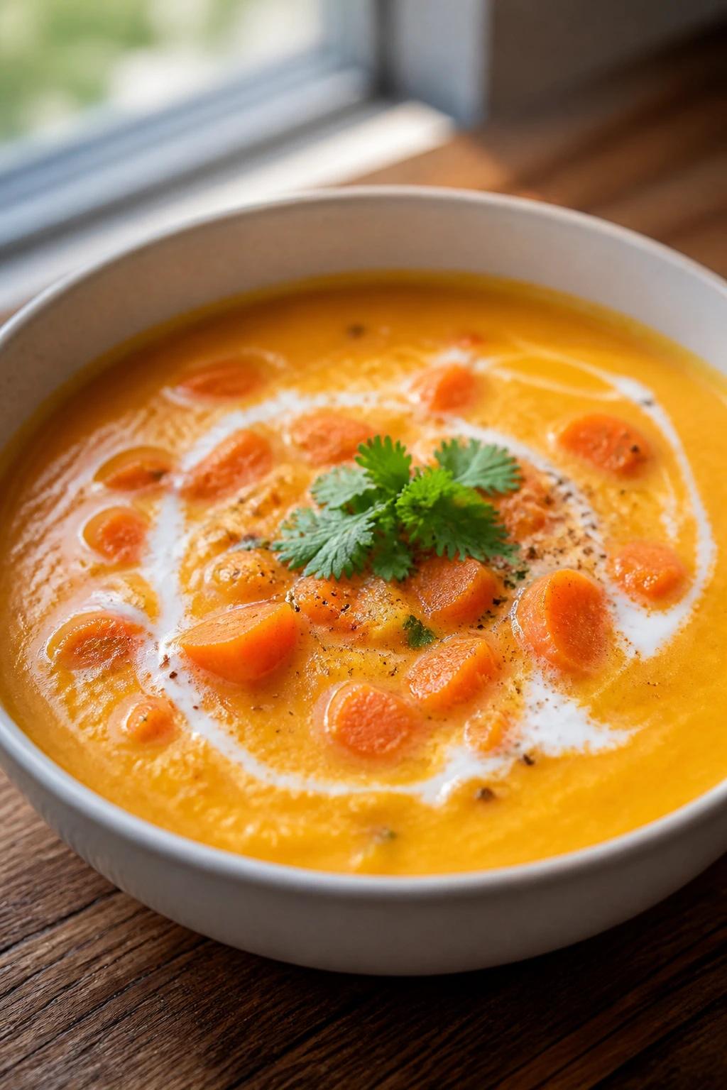 Vibrant carrot ginger chowder with carrot pieces and coconut milk in a bowl