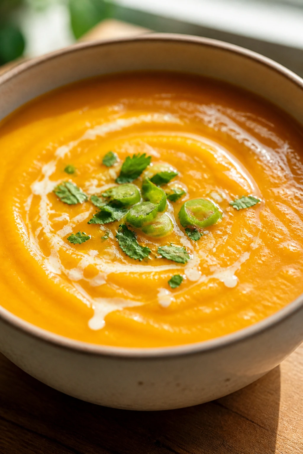Close-up of carrot ginger coconut soup in a bright bowl with velvety texture.