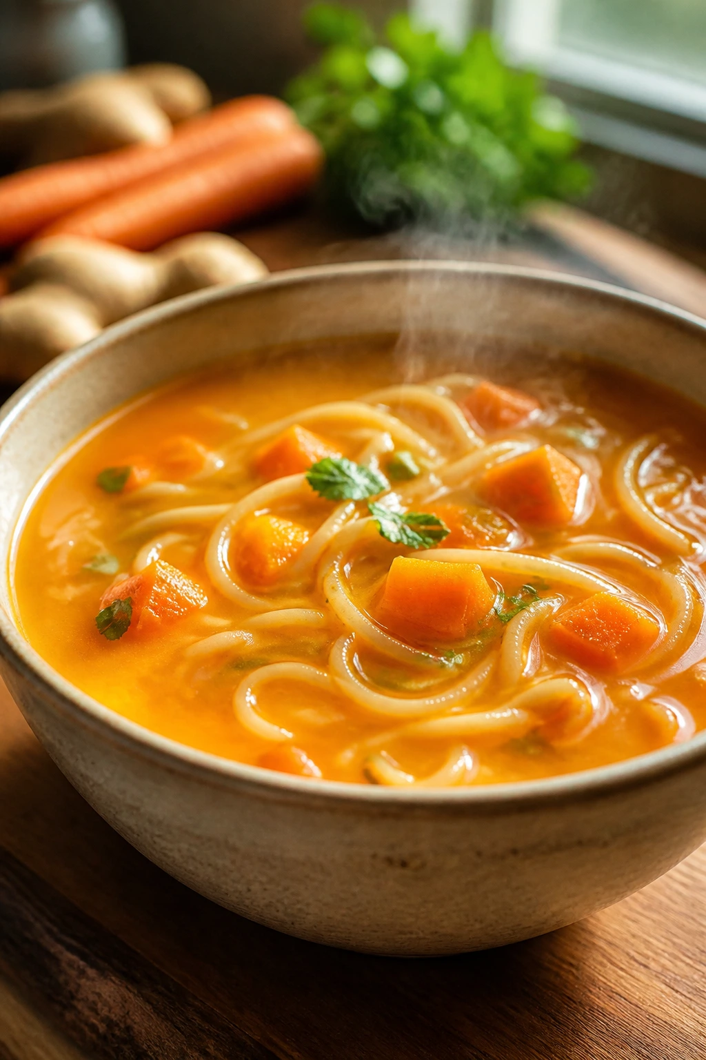 Steaming bowl of carrot ginger noodle soup in a cozy kitchen