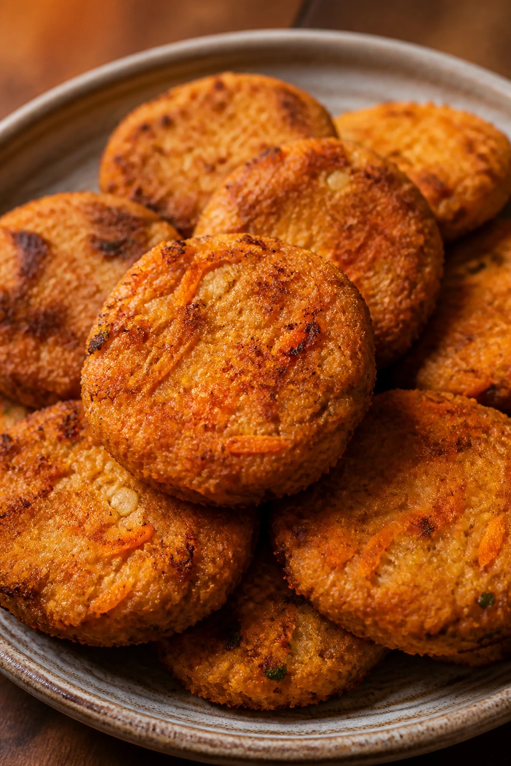 Close-up of carrot ginger veggie nuggets on rustic plate with warm kitchen light