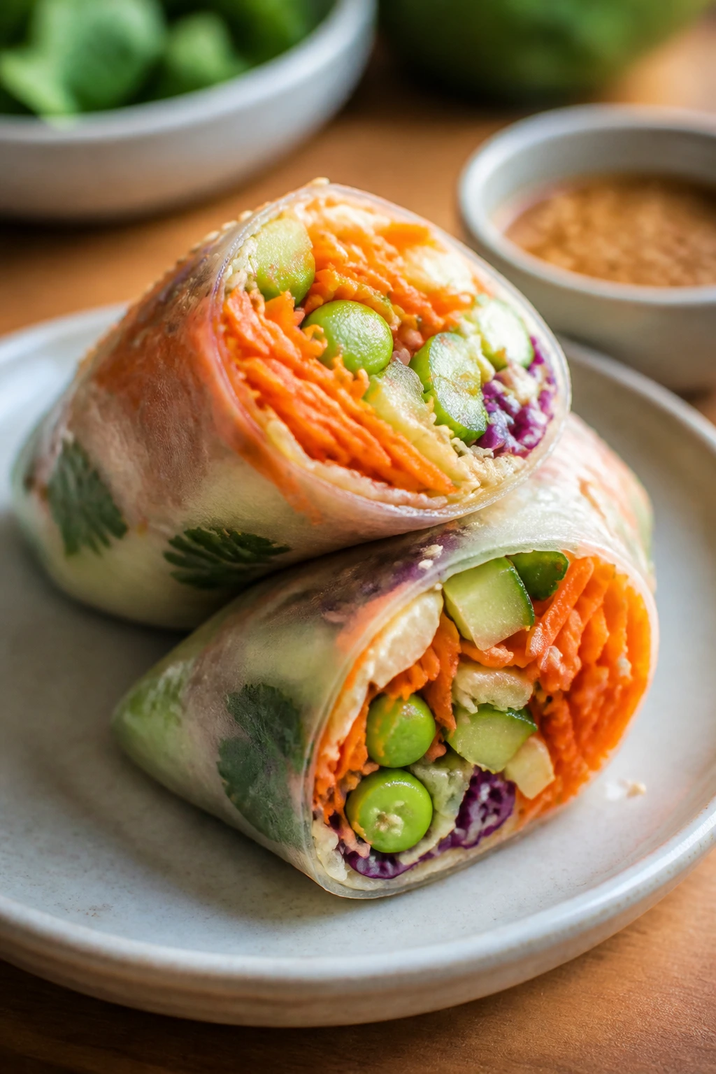Close-up of Carrot-Ginger Rice Paper Rolls with vibrant vegetable filling