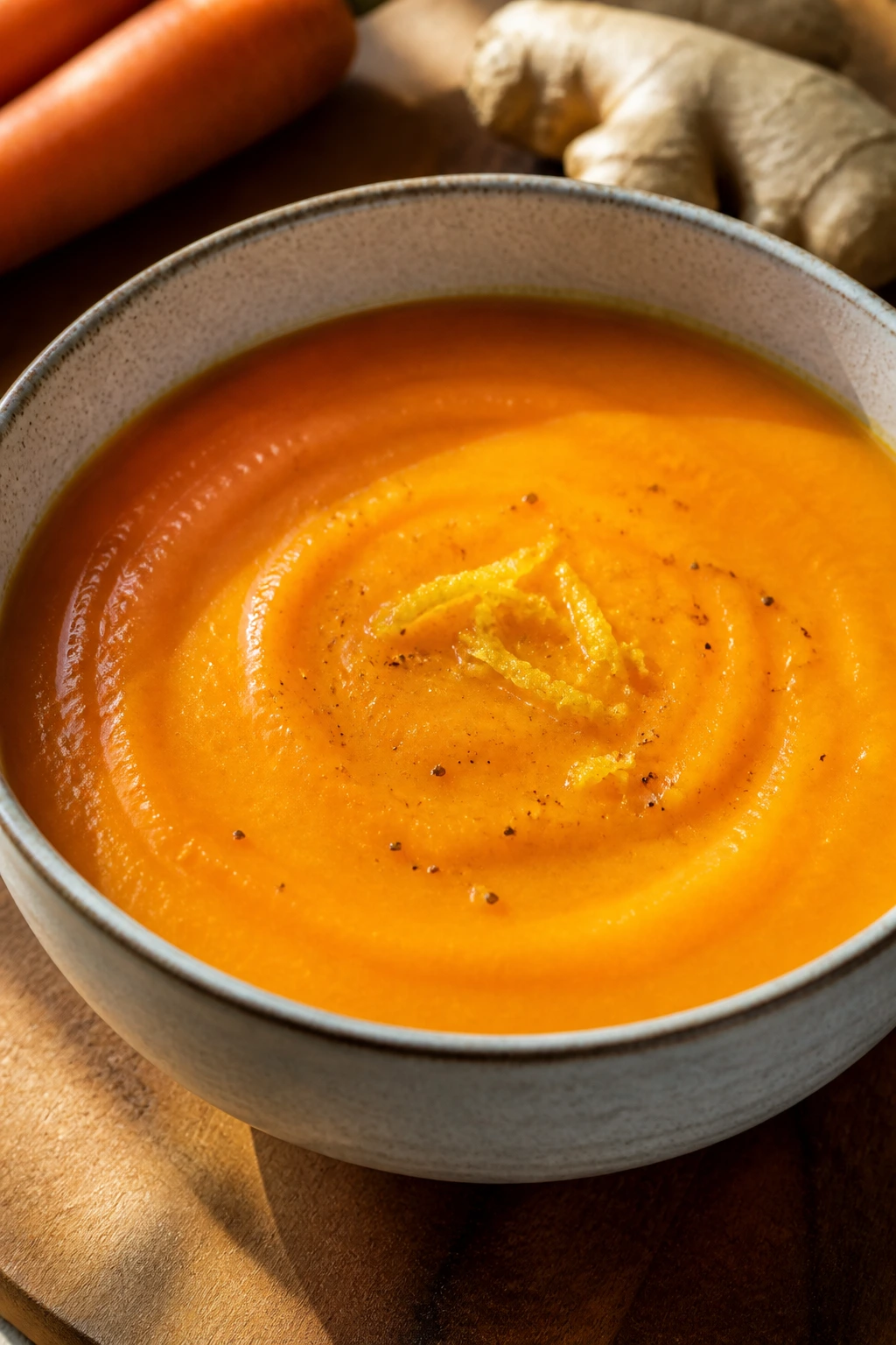 Bright orange carrot ginger soup in ceramic bowl on wooden counter