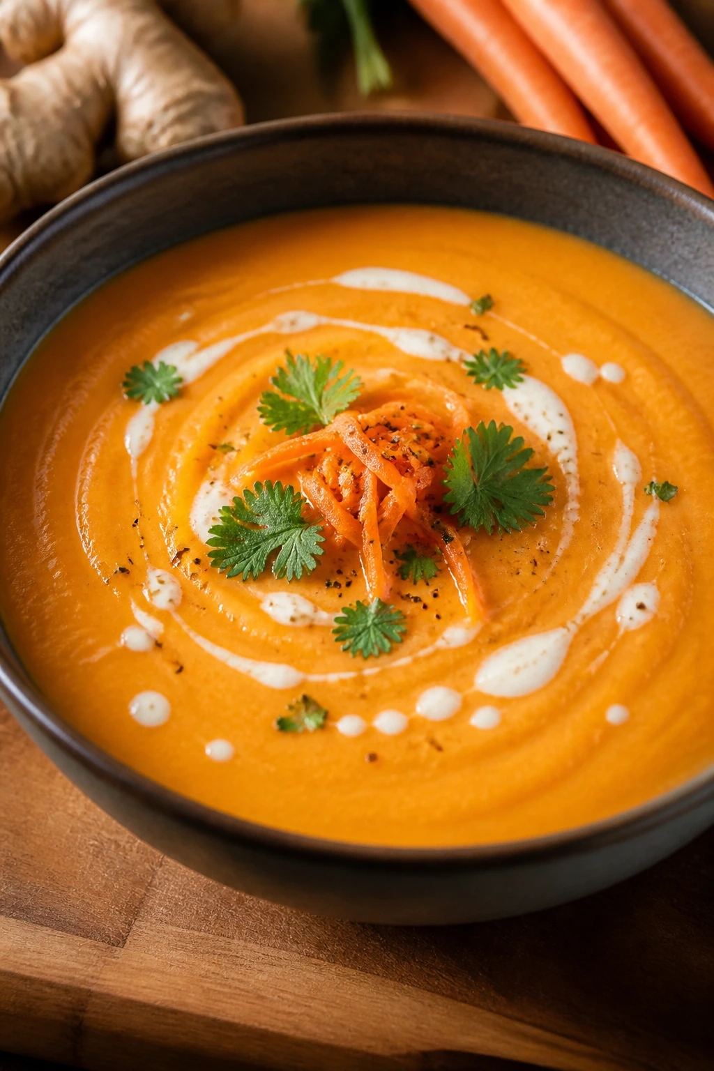 Bright carrot-ginger soup in a bowl with a coconut milk swirl on top.