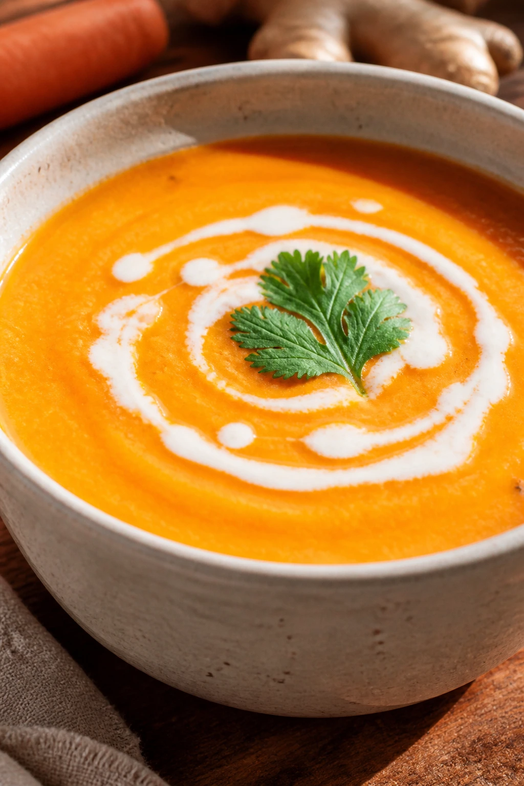 Bright carrot ginger soup with coconut milk swirl in bowl
