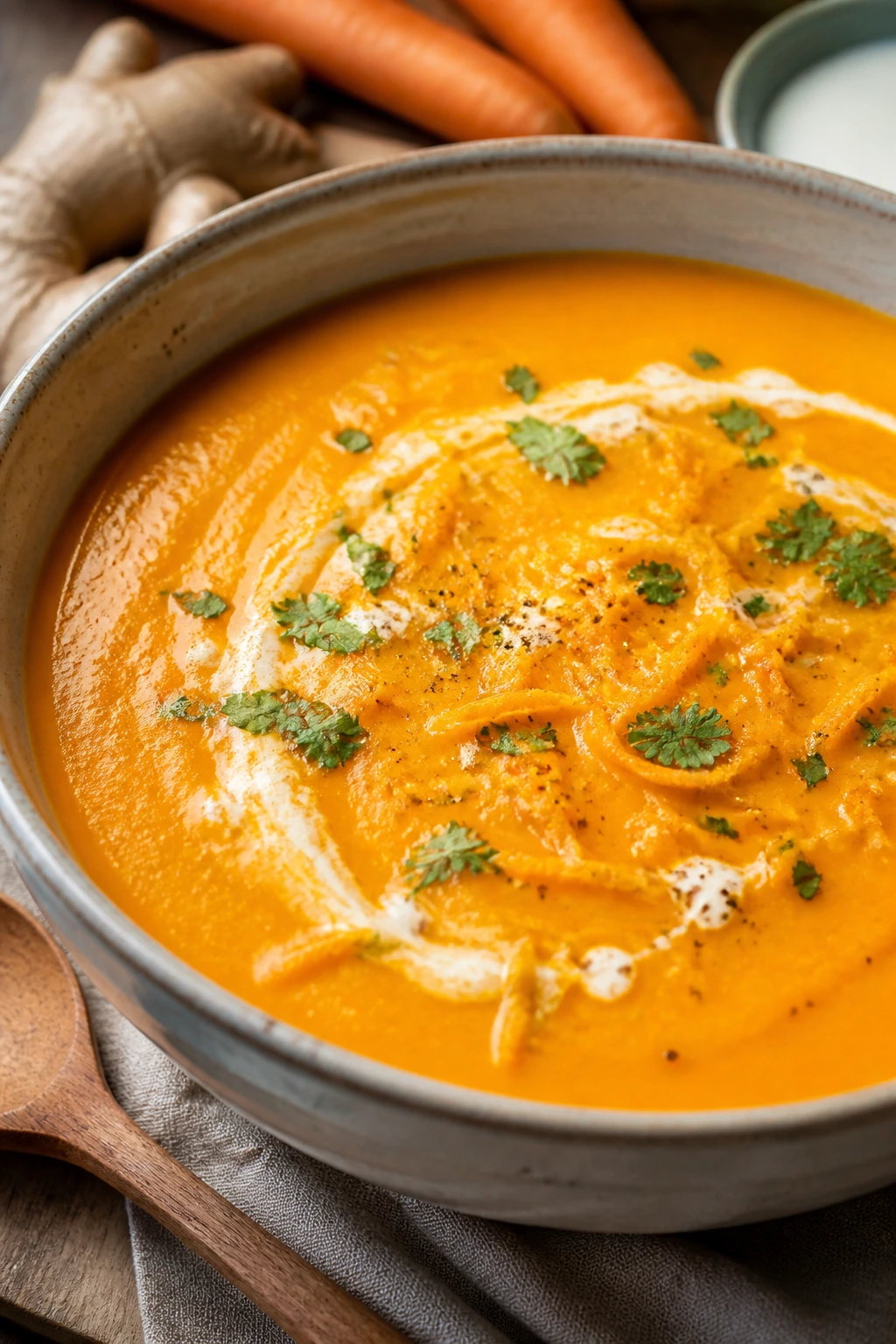 Bright orange carrot ginger soup in a bowl with zest