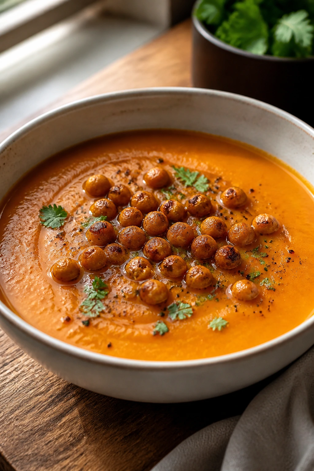 Creamy carrot ginger soup with crispy chickpeas in bowl