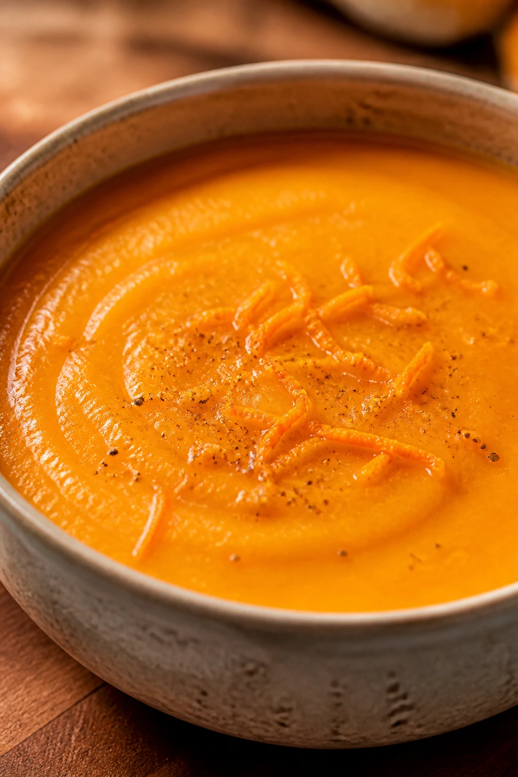 Close-up of carrot ginger soup with orange zest in a bowl on a warm kitchen surface.