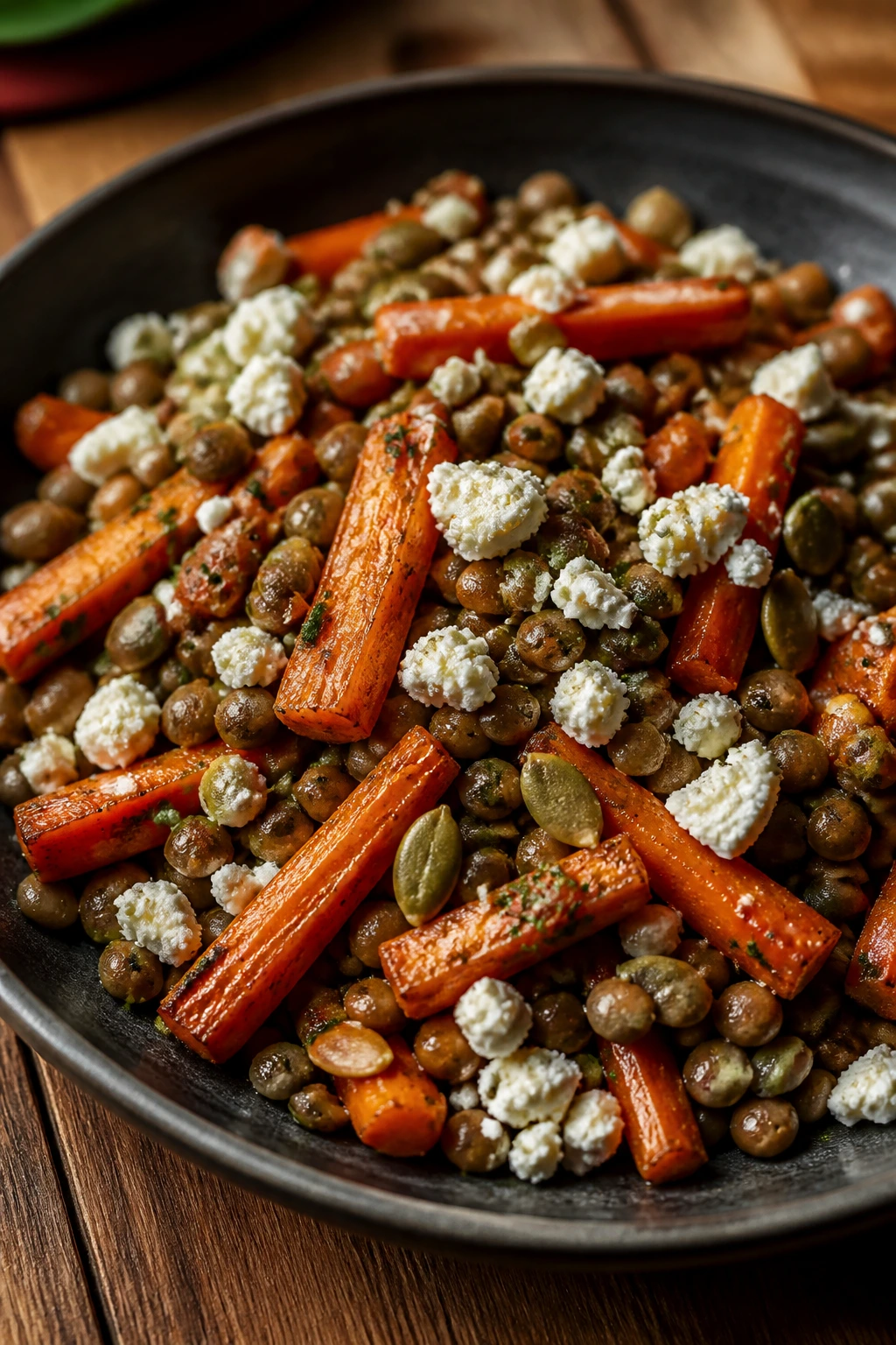 Close-up of carrot and lentil salad with feta and cumin