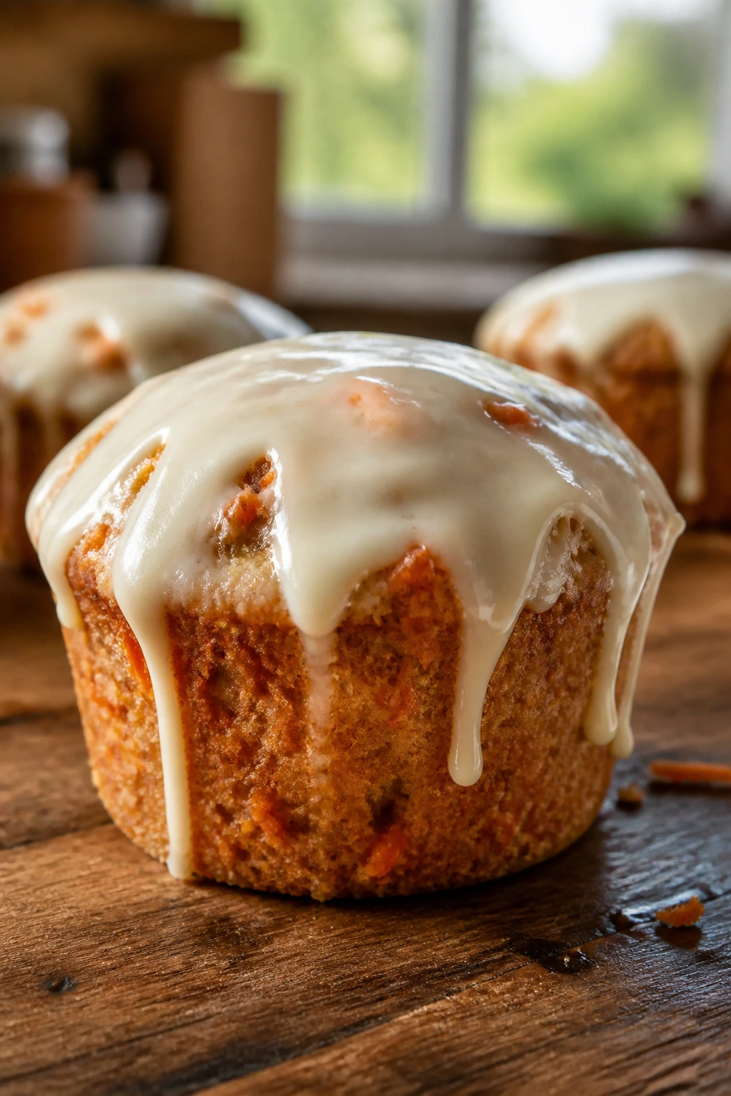 Close-up of a carrot cake muffin with cream cheese glaze