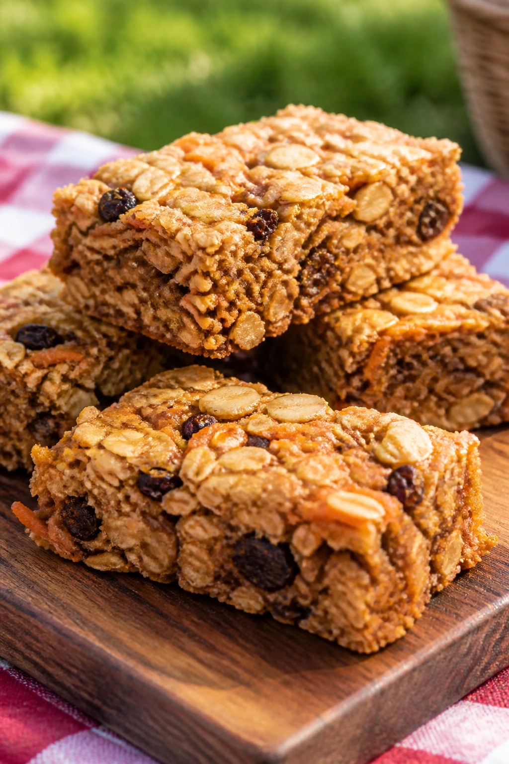 Close-up of carrot cake oat bars on a wooden board at a sunny picnic