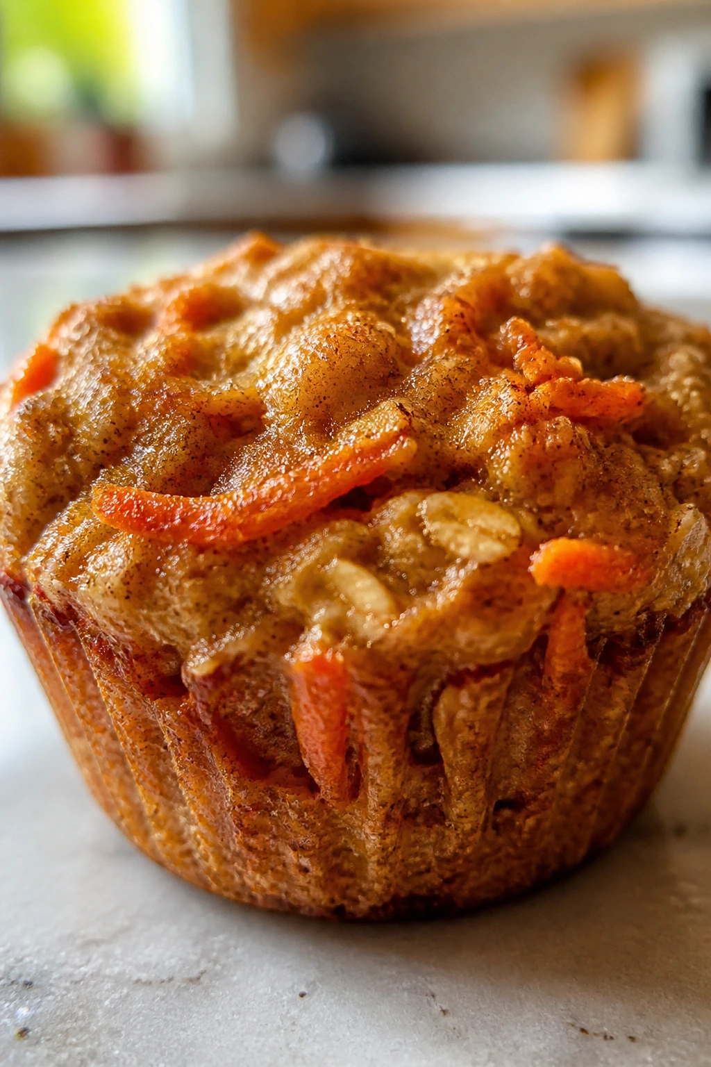 Close-up of carrot cake oatmeal cup in greased muffin cup on sunny kitchen counter