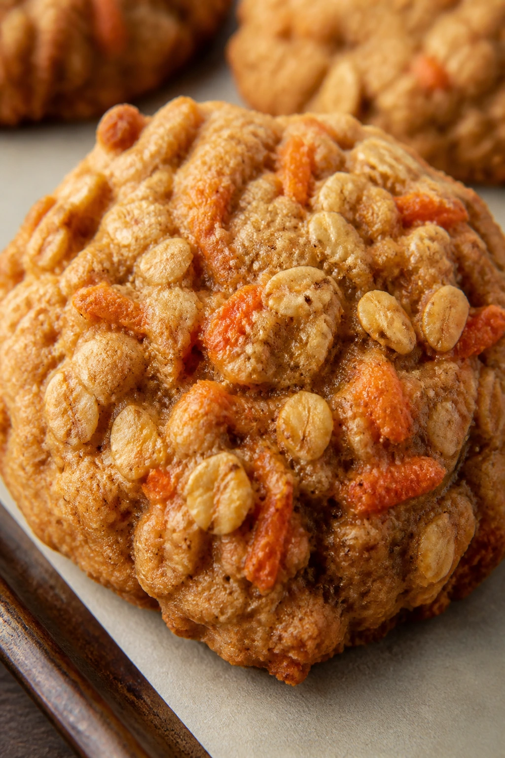 Close-up of a carrot cake oat cookie on parchment in a cozy kitchen