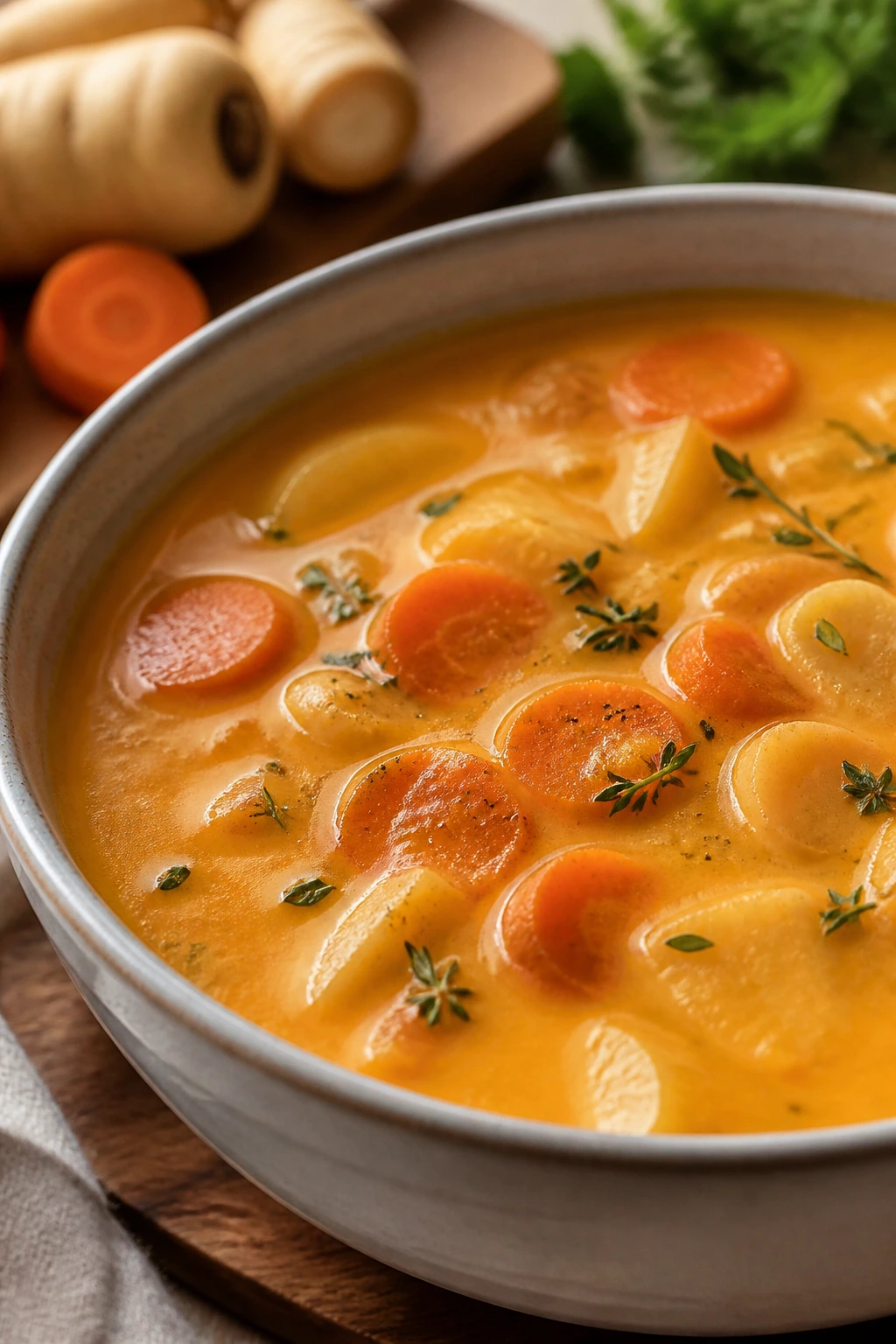 Orange carrot and parsnip chowder in a bowl with visible vegetables