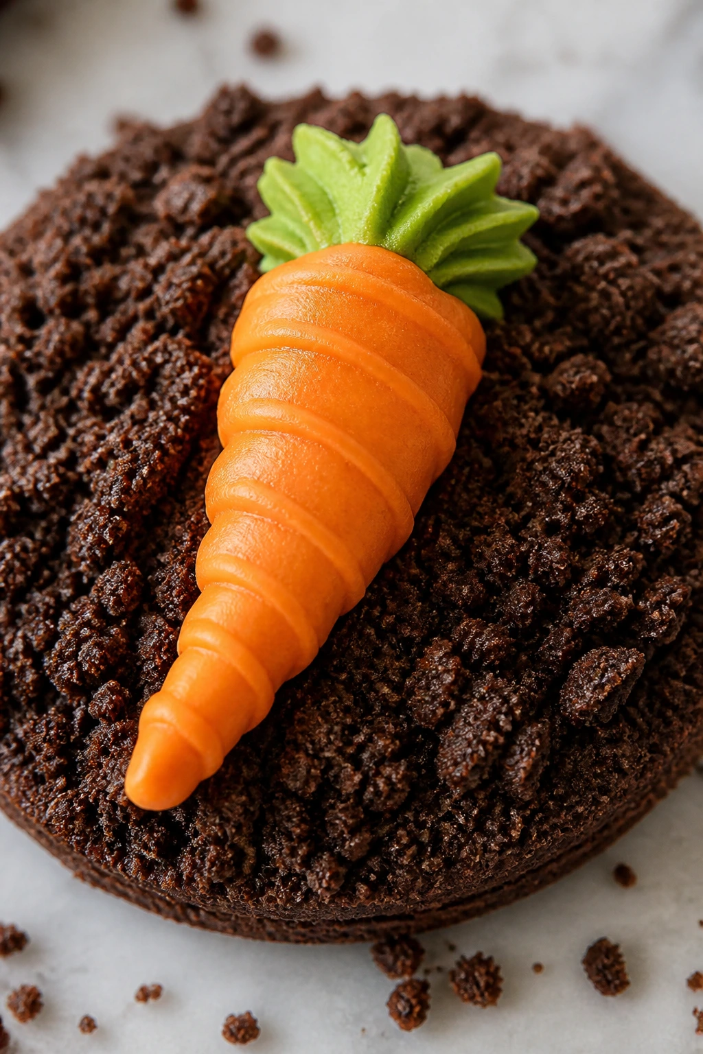 Close-up of a carrot-topped Oreo dirt cookie on a light surface