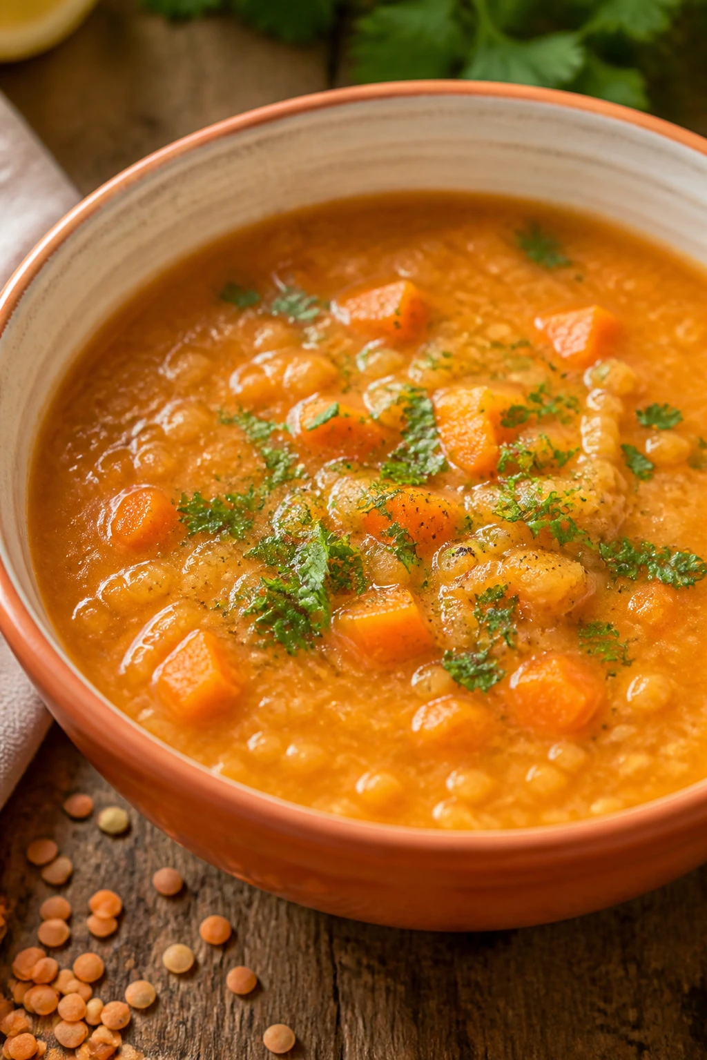 Bright orange carrot red lentil soup in a bowl with parsley