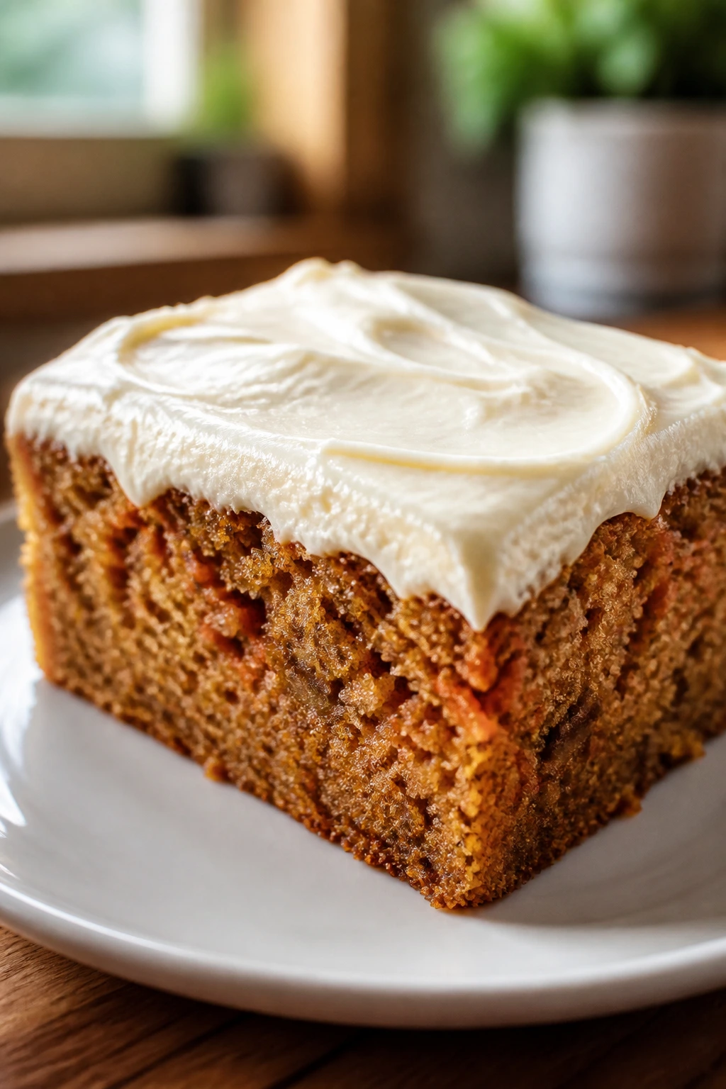 Carrot sheet cake slice with cream cheese frosting and cinnamon crumb