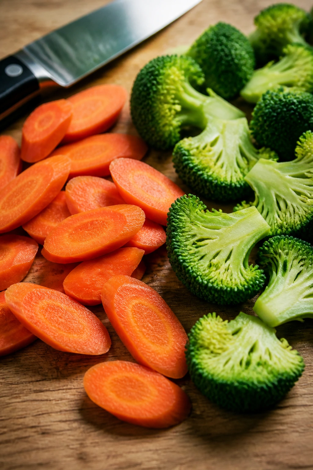 Diagonal carrot slices and flat-faced broccoli florets on a cutting board