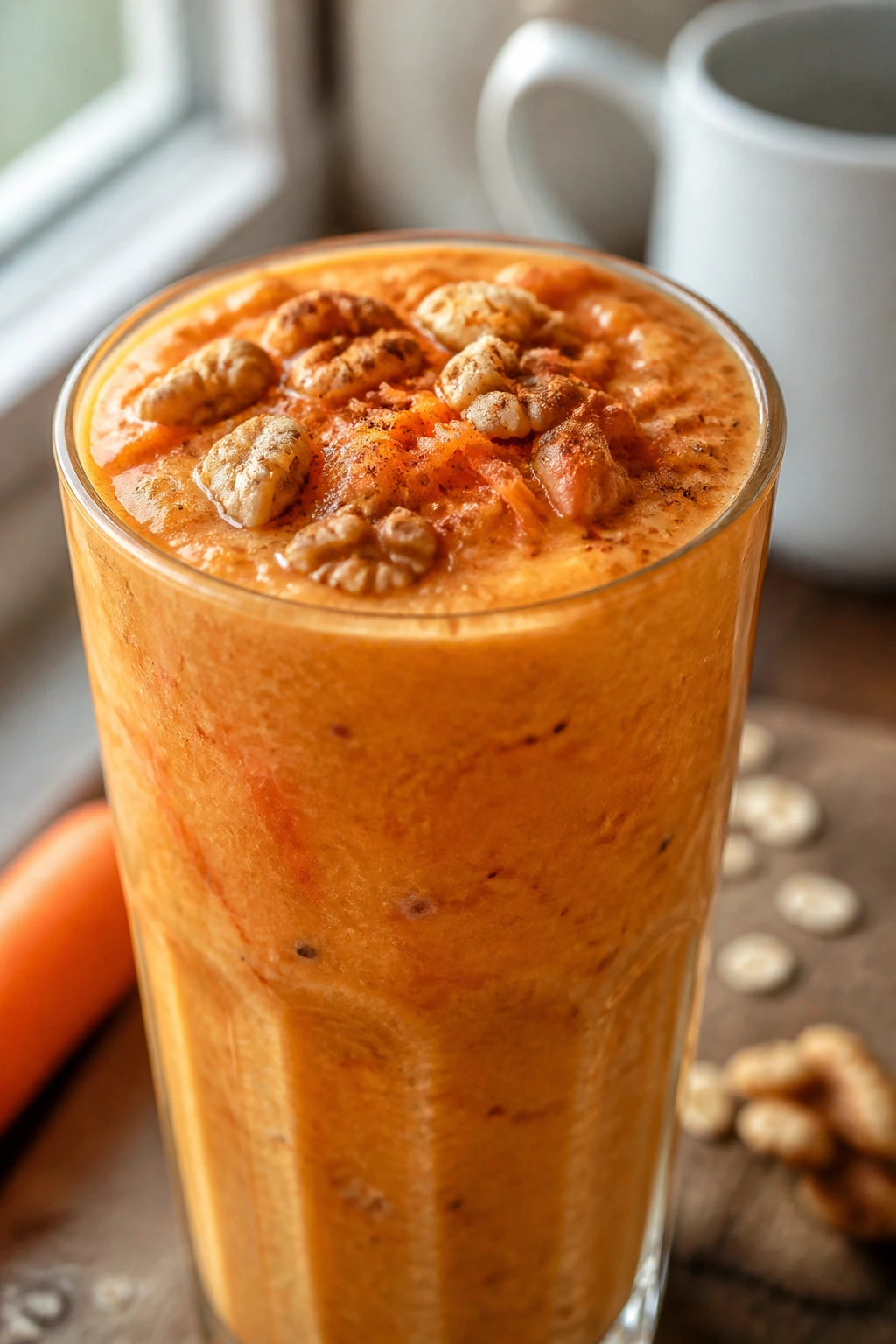 Close-up of Carrot Cake Smoothie with walnuts in a bright kitchen