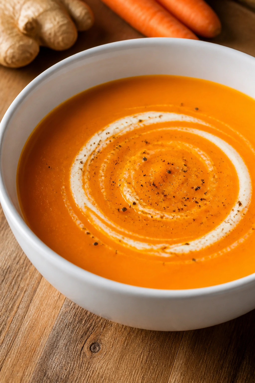 Close-up of bright carrot ginger soup in a bowl with cream swirl