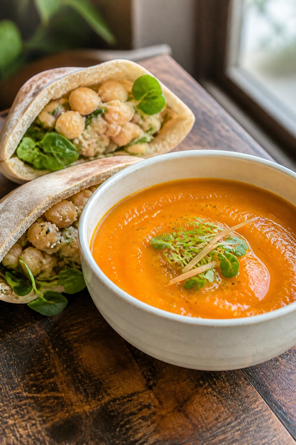 Close-up of carrot ginger soup with chickpea pita halves on a wooden table