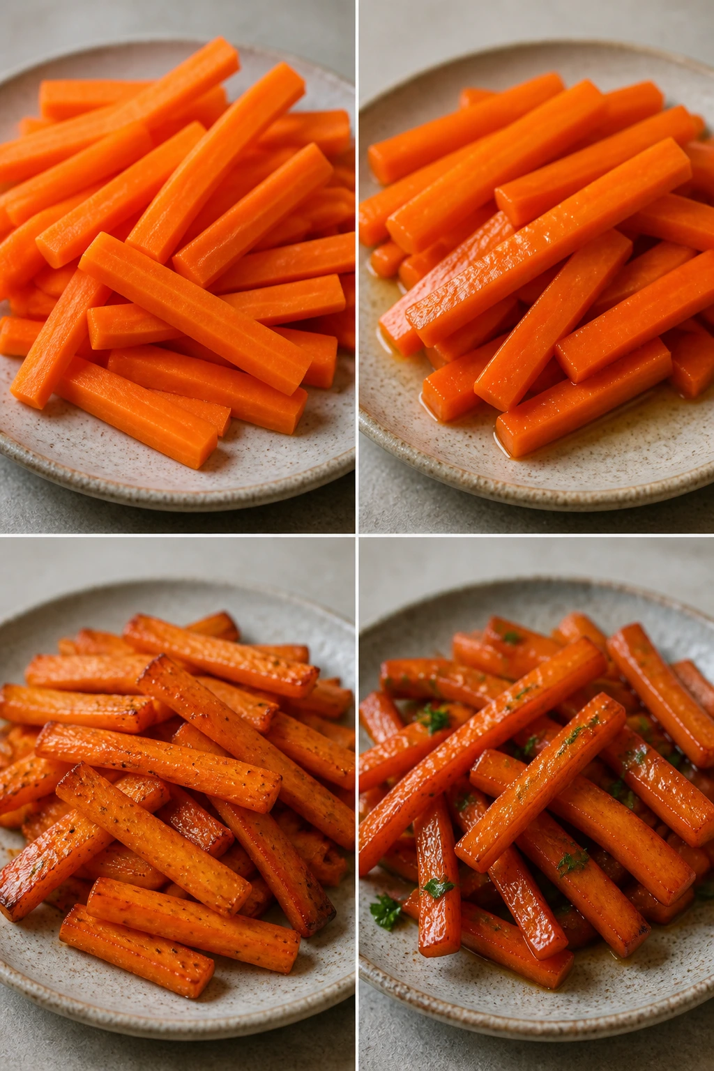 Four-panel close-up showing carrot in raw, blanched, roasted, and stir-fried states