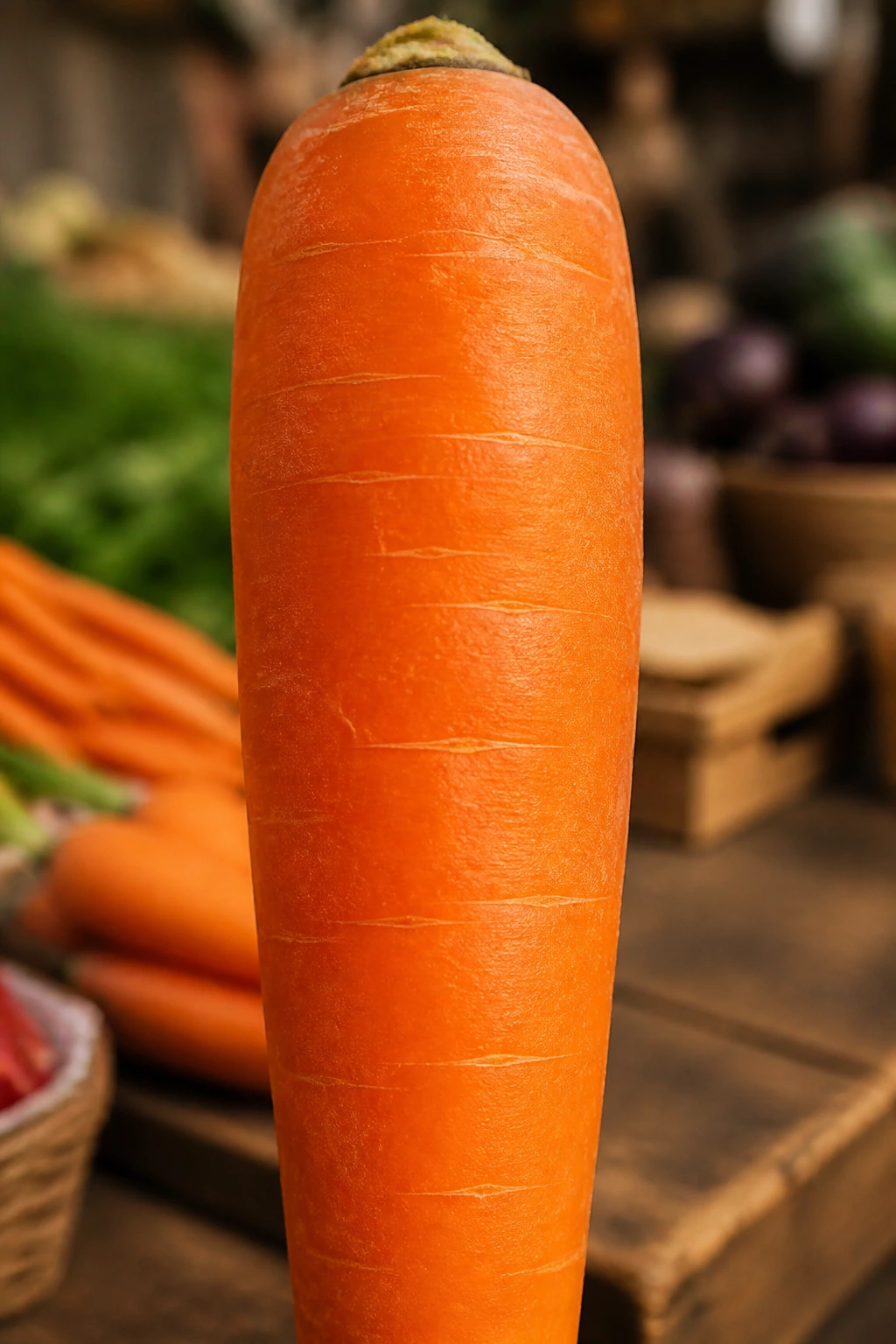 Close-up of a firm carrot with orange skin against a blurred market background
